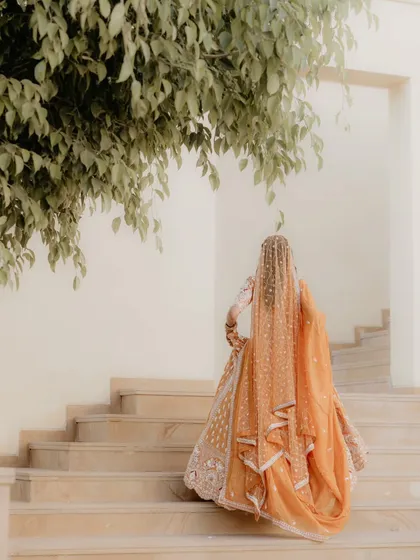 A back shot of the bride walking up the stairs, showing the beautiful drape of her dupatta and the detail of her lehenga.