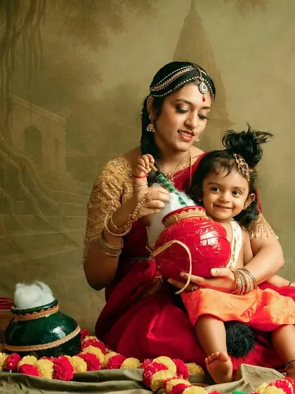 A tender moment during our Krishna-themed photoshoot. The details in the costumes and set design bring this story to life.