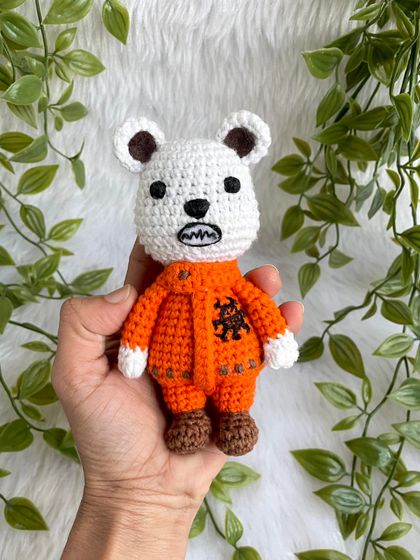 Bepo from the anime One Piece! This little bear in his orange jumpsuit was a tricky design to get right in a small size, but I'm so happy with how this anime character doll turned out.
