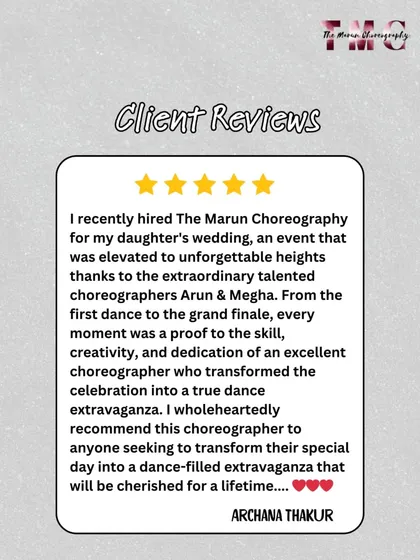 Don't just take our word for it. This review from a happy client shows the impact we have on making a wedding an unforgettable dance extravaganza. We pride ourselves on our skill, creativity, and dedication.