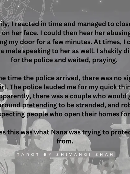 A story of a grandfather's dream warning his granddaughter not to open the door to a stranger, saving her from a robbery.