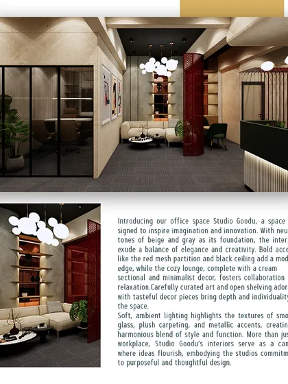 An introductory graphic presenting the design philosophy behind our own Studio Goodu office. It explains how we use neutral tones, bold accents, and varied textures to create a canvas for creativity and collaboration.