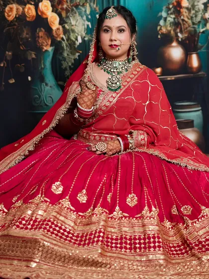 A seated portrait of the bride, capturing the grandeur of the entire look created by our student.