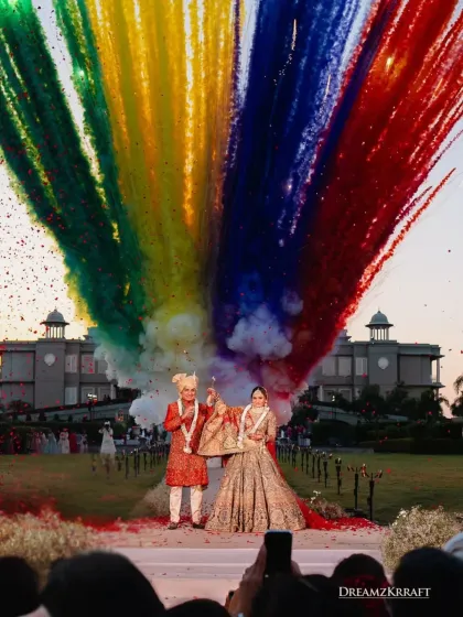 This is the moment that takes your breath away. I craft these spectacular, high-impact Varmala ceremonies by combining precision-timed pyrotechnics with the grandeur of a palace setting, creating a memory that feels truly cinematic.