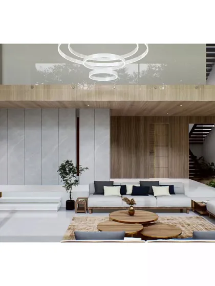 An interior render of the Aakiri Residence, focusing on the material palette of wood and marble. 3D visualizations are key to finalizing the look and feel of a space.