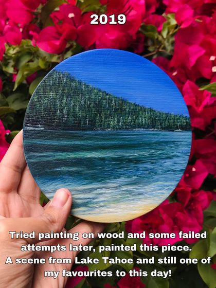 Throwback to 2019 and one of my first times painting on a wood slice. I was so inspired by this scene from Lake Tahoe, and this piece is still one of my favorites. It was a big learning curve, but it helped shape the kind of art I love to create today.