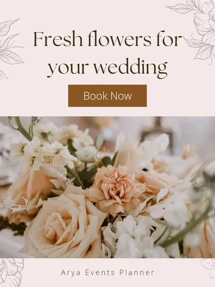 We work with both fresh and high-quality artificial flowers to match your vision and budget. This graphic showcases the kind of beautiful, fresh floral arrangements we can provide for your wedding.