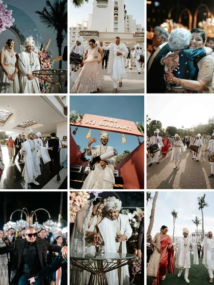 A collage capturing the energy and traditions of the Baraat and the wedding ceremony. From the groom's grand entrance to emotional family hugs, it’s a snapshot of a day filled with love.