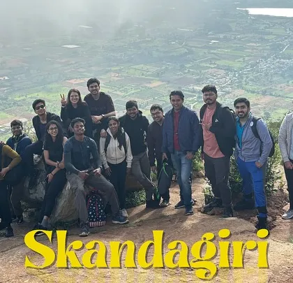 The full group from our Skandagiri trek, celebrating their successful climb to the top.