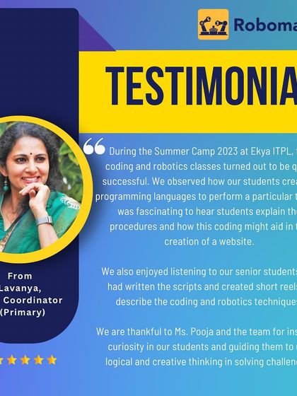 A glowing testimonial from a school's CCA Coordinator, praising the success of our summer camp. She highlights the students' ability to create, explain procedures, and apply creative thinking to solve challenges.