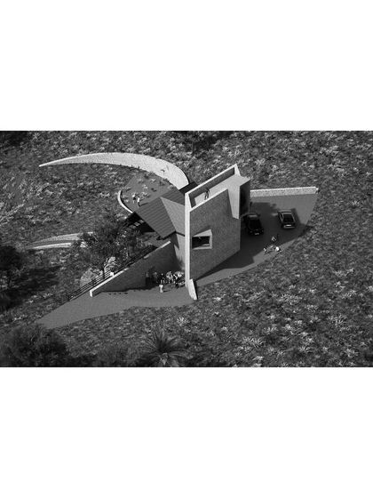 An aerial view of the weekend retreat concept highlights the building's pinwheel-like plan. This layout provides varied views of the landscape from different parts of the house while creating sheltered outdoor spaces.