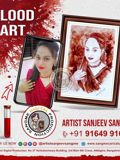 The elegance of this client's photo was a joy to recreate in blood art. The rich red tones of the medium complement the traditional attire, creating a portrait that is both classic and deeply personal.