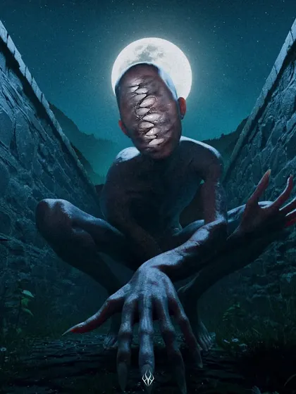 This creature, with its face split by a vertical maw of teeth, was designed for a full moon horror concept. I used the moon as a halo to create a stark, unsettling silhouette, emphasizing its unnatural anatomy.