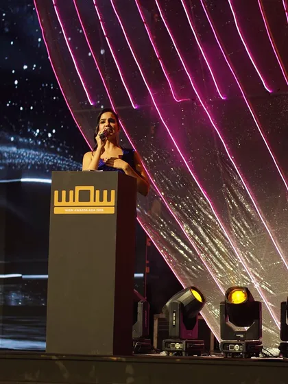 Addressing the audience at the WOW Awards. My role is to guide the evening, introduce the presenters, and celebrate the winners with grace and energy.