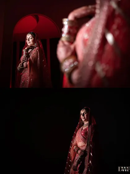 A collage showing the bride's portraits in her stunning red lehenga. The dramatic lighting and her elegant poses create a timeless bridal look.