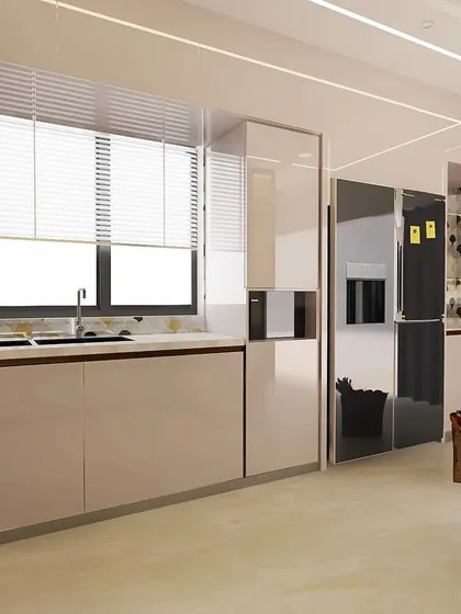 A 3D render of a spacious kitchen with a breakfast counter. The patterned backsplash tiles add a decorative touch, and the profile lighting under the cabinets enhances the ambiance.