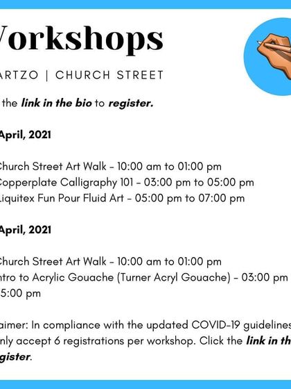 A schedule of workshops, including my Liquitex Fun Pour Fluid Art session. I collaborate with art supply stores to offer specialized classes.