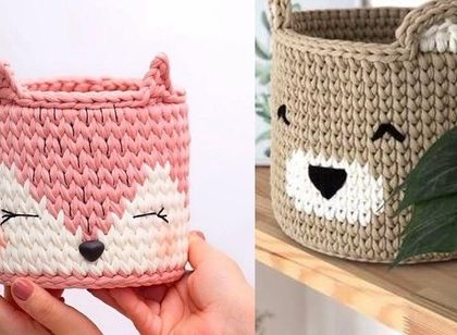 More cute storage options for kids' rooms. This picture shows a foxy pink basket and a brown bear basket, perfect for holding small toys, stationery, or accessories.