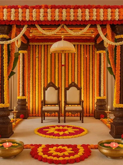 We honor tradition with this classic South Indian Vidhi Mandap. The structure is built with intricately carved wooden pillars and adorned with thousands of fresh marigolds and jasmine flowers, creating a sacred and authentic space for your wedding rituals.
