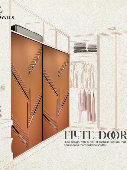 A concept sketch and final look at our fluted doors. The design incorporates a metallic feature that adds a touch of opulence to the wardrobe shutter, blending technical drawing with real-world craftsmanship.
