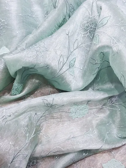 A serene, light blue crush tissue saree with fine floral embroidery. The pastel shade and the delicate work give it a very sophisticated and modern feel.