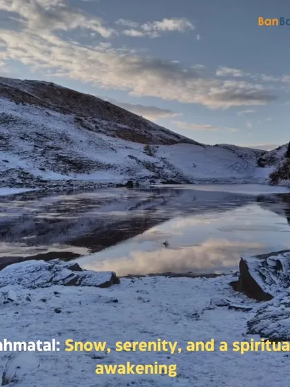 The serene, snow-covered landscape of Brahmatal. This winter trek offers a spiritual awakening amidst frozen lakes and quiet, pristine nature.
