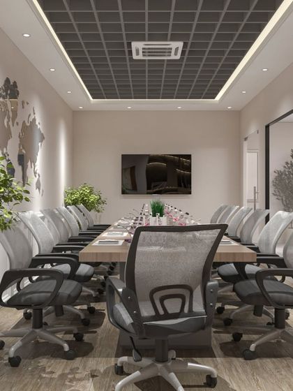 This conference room is designed for global impact, featuring a world map wall decal. The ample greenery and natural wood tones create a fresh and focused environment.