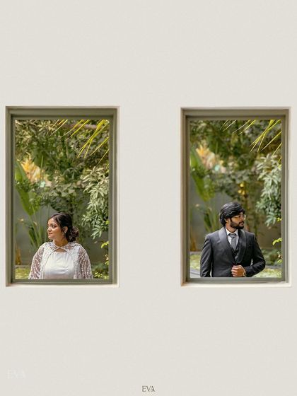 A clean, minimalist composition of the couple in separate window frames, a modern and artistic take on engagement photography.