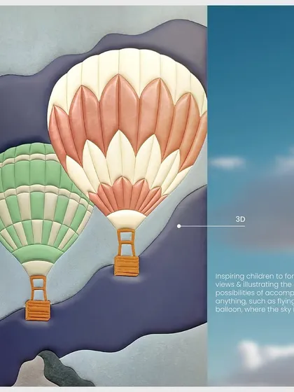A detailed view of the 'Felix' panel. The 3D construction of the hot air balloons creates a sense of depth and movement, illustrating the endless possibilities of accomplishing anything.