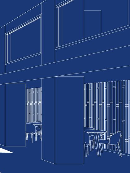 An illustration showing the outdoor seating area of the Blue Sea project, focusing on the vertical design elements and spatial arrangement.