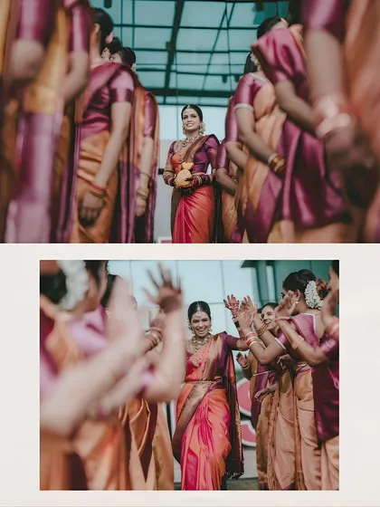 A bride and her tribe. This image captures the joy and energy of the bride celebrating with her bridesmaids, who are all dressed in coordinated sarees, creating a beautiful and lively scene.