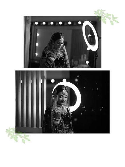 A diptych of black and white bridal portraits taken in front of a makeup mirror with a ring light. This layout shows different angles of the bride getting ready, capturing the anticipation of the moment.