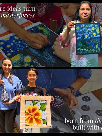 This collage captures moments where ideas turn into masterpieces, from intricate pastel work to colorful paintings on canvas and bottles.