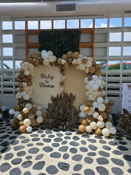 A clear, straight-on shot of the "Baby in Bloom" backdrop, showing the full double-arch balloon design.
