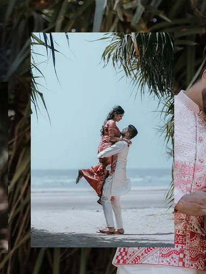A collage of happy moments from an engagement shoot, including a playful lift on the beach and an intimate embrace.