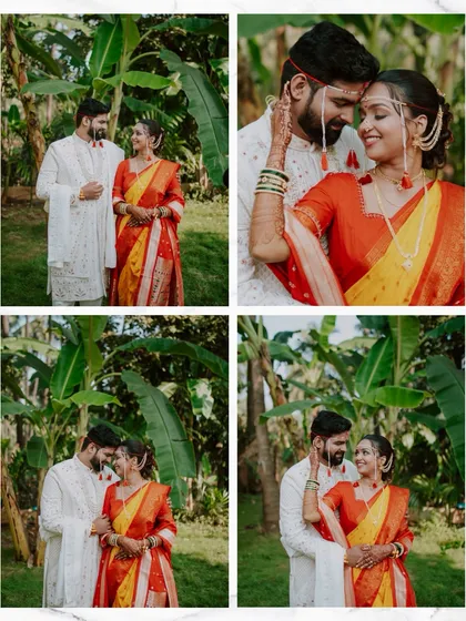 A collage of romantic couple portraits taken on the wedding day, set against a lush green backdrop.