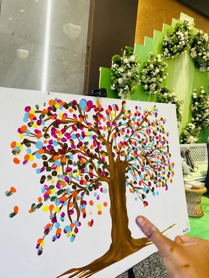 The finished thumbprint family tree, full of color and love from all the guests. It’s a living memory on canvas.