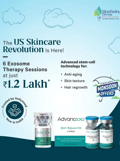 The US Skincare Revolution is here with our exclusive monsoon offer on Exosome Therapy. Get 6 sessions of this advanced stem-cell technology for anti-aging, skin texture, and hair regrowth at a special price.