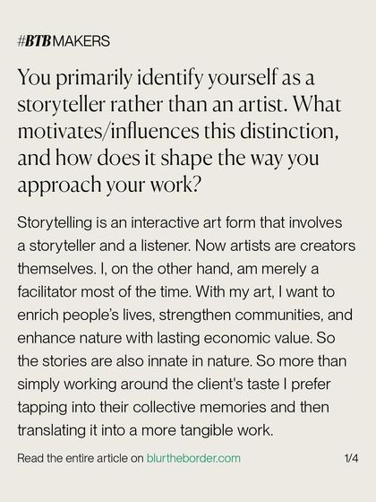 An excerpt from an interview where I explain why I identify as a storyteller rather than an artist. For me, art is an interactive form that facilitates a connection between the work, the client's memories, and the space itself.