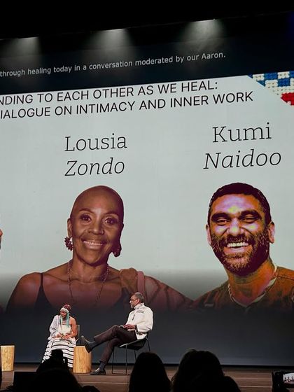 A series of images and graphics from the Hearth Summit, showcasing speakers, panel discussions, and the core mission of the global wellbeing project.