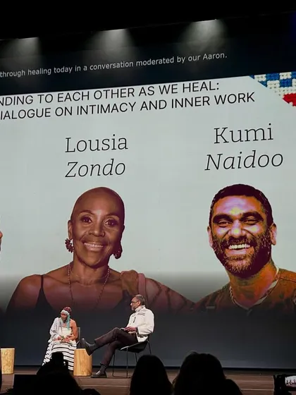 A series of images and graphics from the Hearth Summit, showcasing speakers, panel discussions, and the core mission of the global wellbeing project.