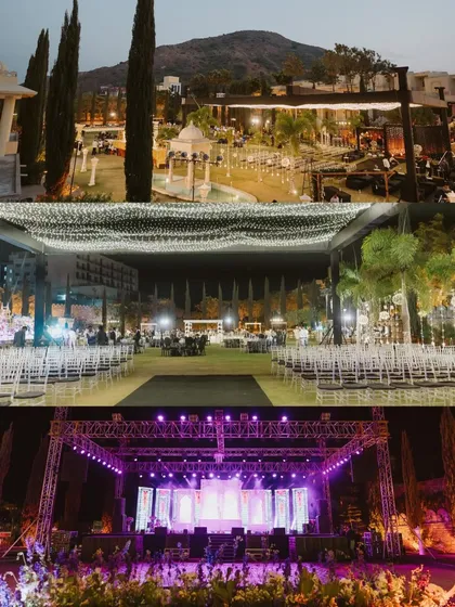 A collage showcasing the grand scale of the Sangeet venue at Raajsa Kumbhalgarh, from the elegant decor to the massive stage setup.