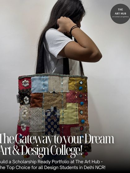 I help students create unique and personal pieces, like this custom-designed tote bag made with patchwork and embroidery, showcasing skills in textile and fashion design for a college portfolio.