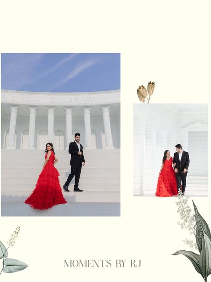 A collage showing a couple in front of a grand, white architectural set. The woman's flowing red dress adds a beautiful touch of color and drama.