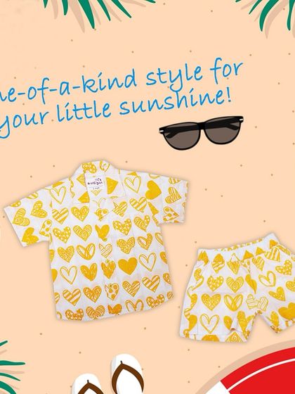 The same 'Hello Summer' co-ord set, this time in a cheerful yellow heart print. A one-of-a-kind style for your little sunshine.