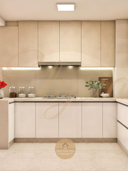 A classic beige and white kitchen designed for those who love a simple yet classy aesthetic. The dual-tone approach keeps the space feeling bright and open, with wood-textured upper cabinets and glossy white lower cabinets.