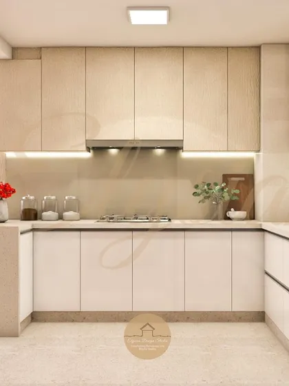 A classic beige and white kitchen designed for those who love a simple yet classy aesthetic. The dual-tone approach keeps the space feeling bright and open, with wood-textured upper cabinets and glossy white lower cabinets.