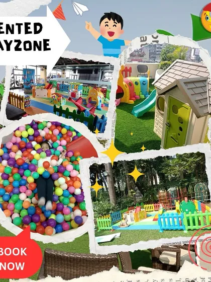 A closer look at some of my most popular outdoor setups. I can create a complete activity center with a playhouse on artificial turf, a massive ball pit with a slide, and plenty of space for kids to run around, all enclosed for safety.