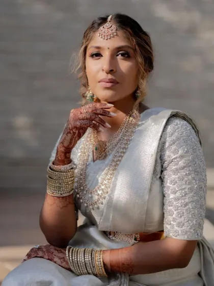 A portrait of a bride showcasing her beautiful henna stain. The design's clarity and deep color are a testament to the quality of the natural henna I use.
