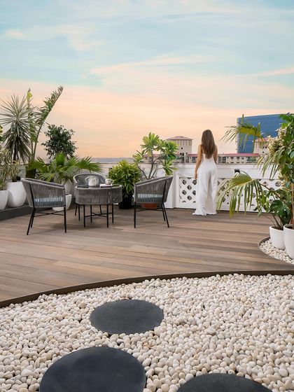 The party terrace offers a stunning view of the city skyline, providing a perfect space for outdoor entertaining.